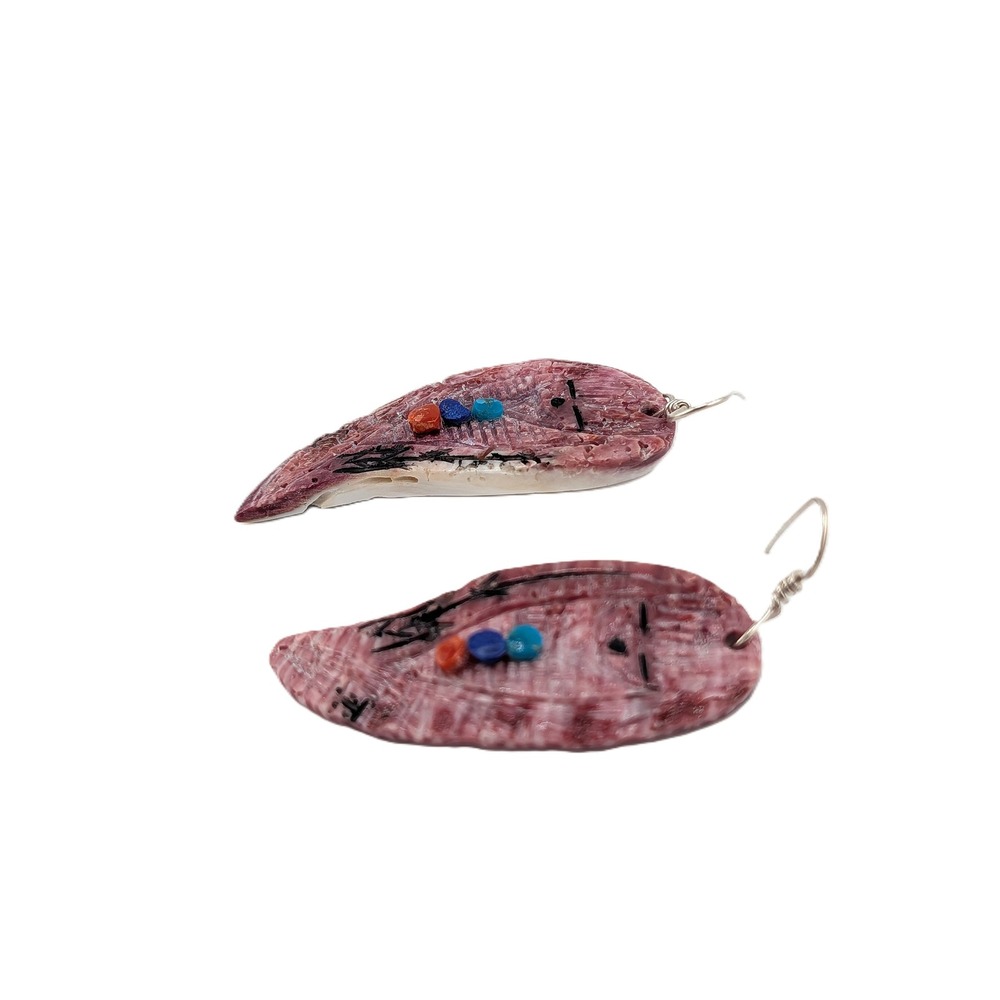 Zuni Purple White Spiny Oyster Corn Maiden Earrings Sterling Silver Signed - Picture 7 of 8